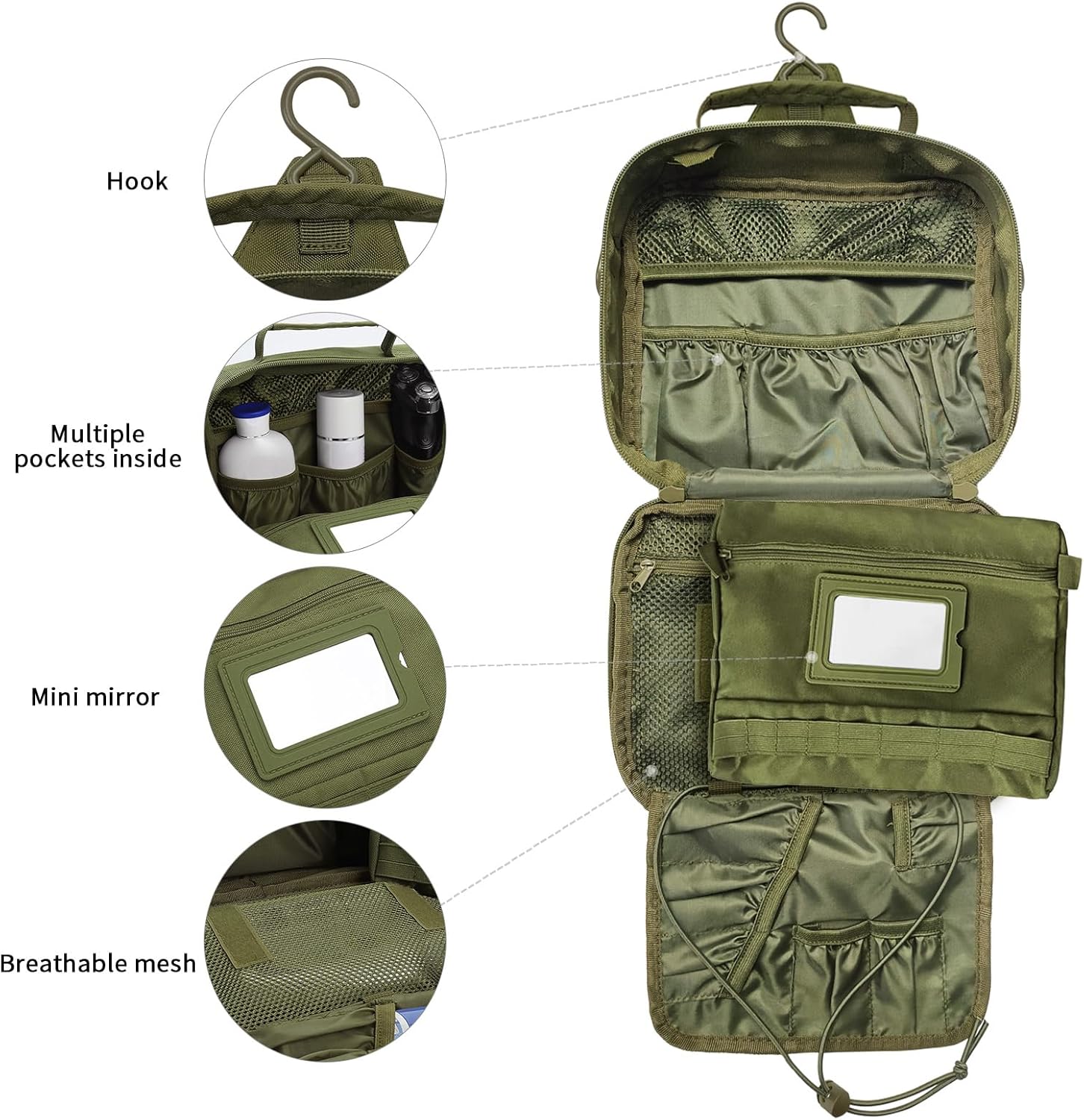 Travel Toiletry Bag for Men, Hanging Toiletry Bag, Portable Organizer Dopp Kit Shaving Bag for Toiletries Tactical Accessories Essentials - Army Green - Roamly