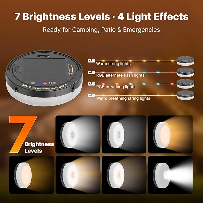 OGERY Solar Camping String Lights, 5400mAh/ 49.2FT/ 11 Modes Rechargeable Camping Lights Outdoor/Indoor, 4-in-1 Quick Storage Fairy Tent Lights Portable LED Lamp for Patio Yard Party Decor Essentials