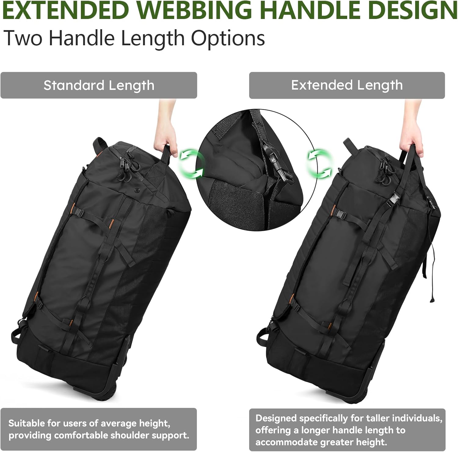 Vomgomfom 86L Collapsible Wheeled Luggage with Removable Backpack Straps,Waterproof Rolling Duffle Bag with Quilted Base,No Telescope Handle,Black - Roamly
