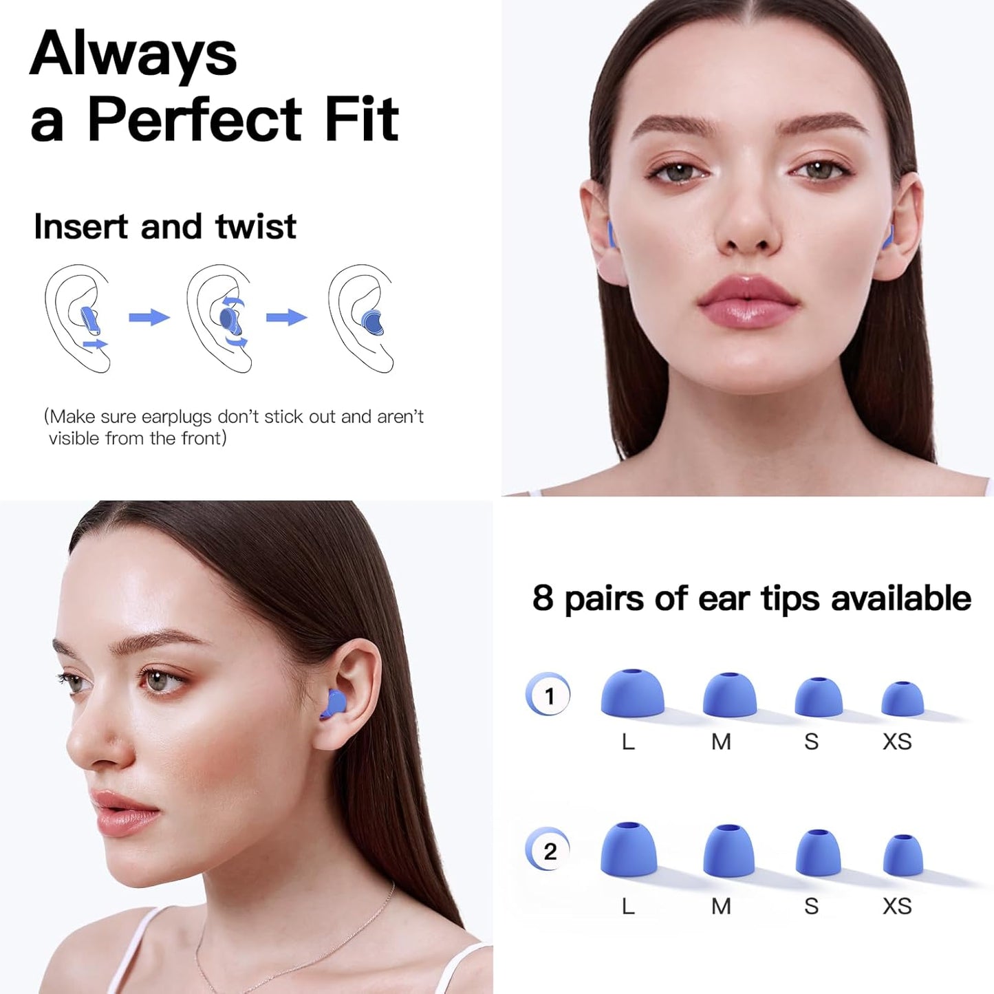 Ear Plugs for Sleeping 45dB Noise Cancelling System Ear Plugs for Concerts, Focus, Travel, Work Silicone Hearing Protection Earplugs with 8 Tips (XS-L) Reusable poweful Noise Reduction Ear Plug Blue