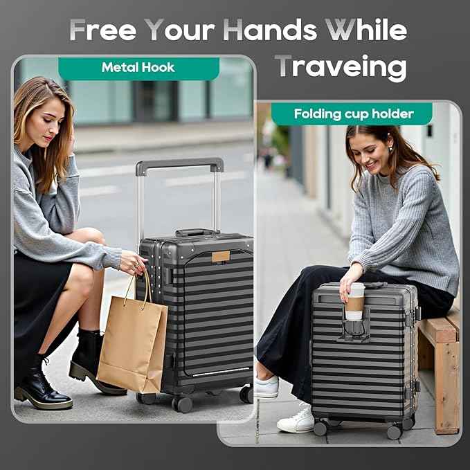 Joyway 20 Inch Carry on Luggage with Aluminium Frame and Front Pocket, PC Hardshell Suitcase with USB Port and Cup Holder, 21.5x14.2x9 Airline Approved, Luggage with Spinner Wheels and TSA Lock (Grey)