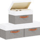 Fabric Storage Bins with Lids, 3 Pack Linen Foldable Cloth Baskets, 15 x 9.8 x 9.8 Inch Closet Organizer Containers with Double Handles, Sweater Boxes for Bedroom, White and Grey