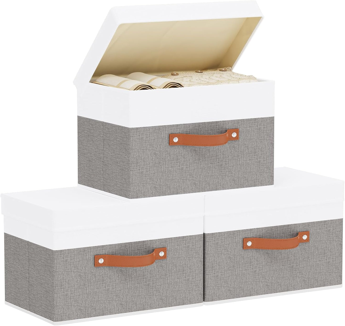 Fabric Storage Bins with Lids, 3 Pack Linen Foldable Cloth Baskets, 15 x 9.8 x 9.8 Inch Closet Organizer Containers with Double Handles, Sweater Boxes for Bedroom, White and Grey