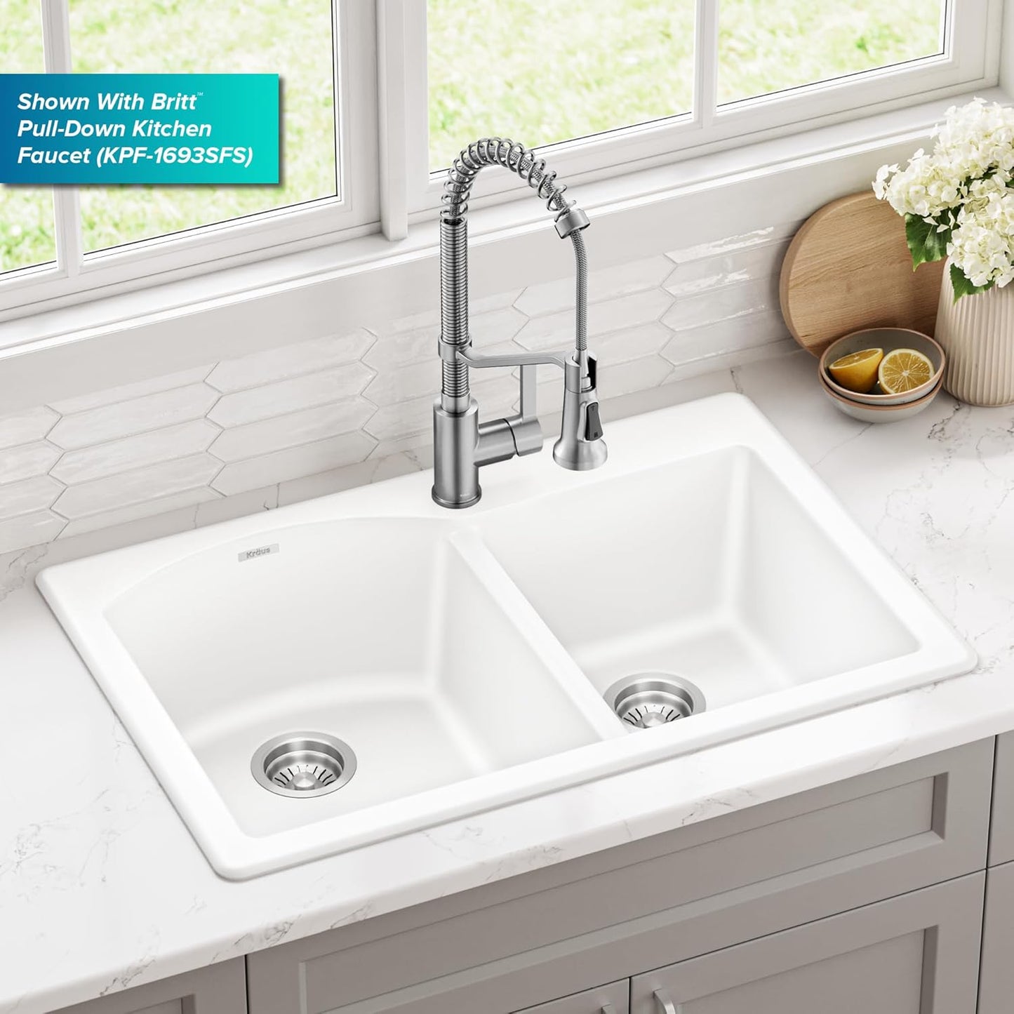 KRAUS Forteza 33-inch Granite Drop In/Undermount 60/40 Double Bowl White Kitchen Sink, KGD-50WHITE