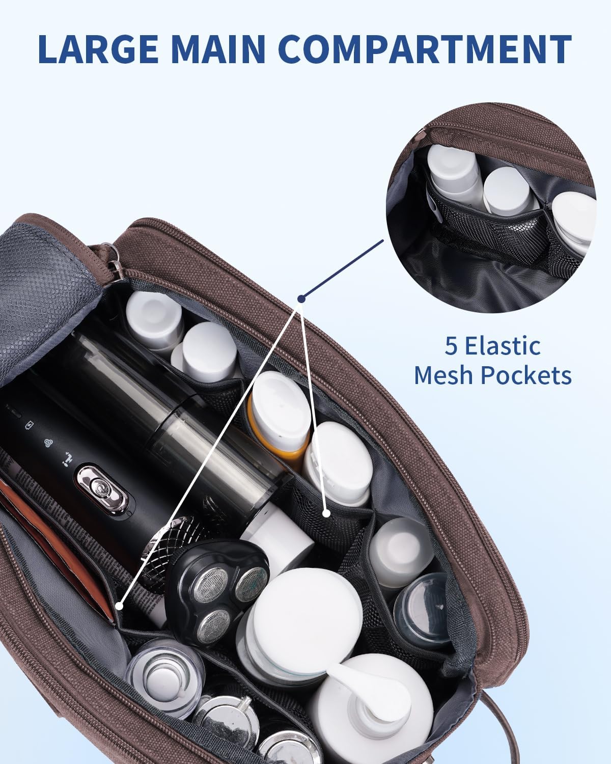 WANDF Toiletry Bag for Men Travel Toiletry Organizer Canvas and Leather Dopp Kit Water-Resistant Shaving Bag for Travel Accessories (Brown, Large) - Roamly