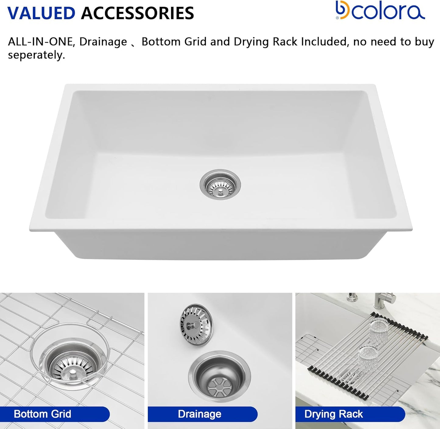 Dcolora 33" Quartz Granite Composite White Kitchen Sink Undermount Sink Deep Single Bowl, Round Corner, 33"x19", DC-GU7750