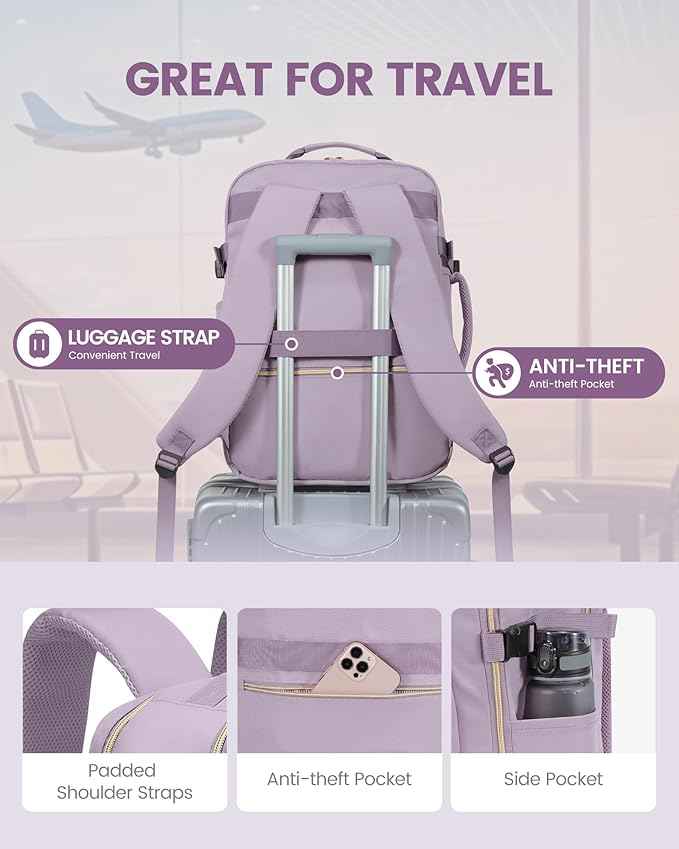 LOVEVOOK Travel Backpack for Women & Men 40L,Airline Approved Carry On Backpack Travel Essentials,TSA Carry on Luggage,Waterproof Personal Item Travel Bag,Suitcase with 3 Packing Cubes,Light purple