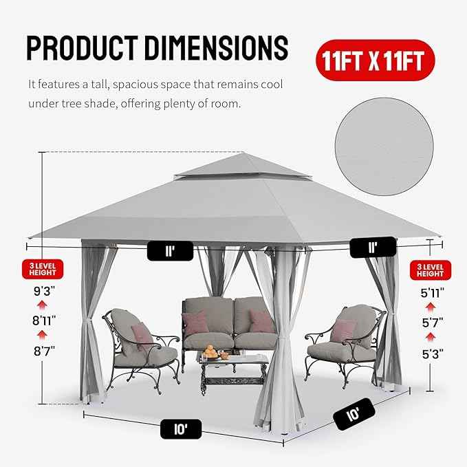 CROWN SHADES 11X11 Outdoor Pop Up Gazebo Base 10X10 Patio Gazebos Patented Center Lock Quick Setup Newly Designed Storage Bag Instant Canopy Tent with Mosquito Nettings (11x11, Gray)
