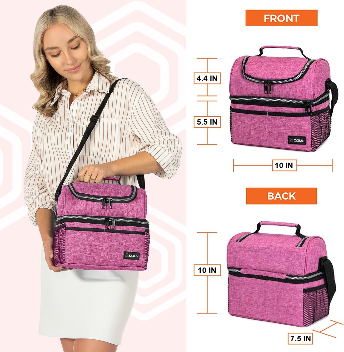 OPUX Lunch Box For Women, Insulated Large Lunch Bag Adult Work, Double Decker Lunchbox Meal Prep, Dual Compartment Leakproof Lunch Cooler, Soft Lunch Pail Tote for Girls, Kids, School (Pink, 16 Cans)