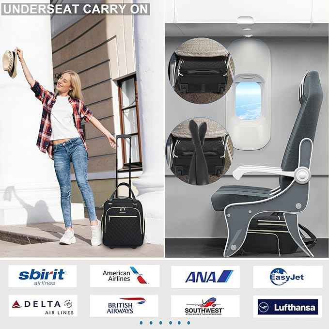EMPSIGN Underseat Carry On Wheeled - 16" Carry on Bag with Wheels Multi-functional Lightweight Rolling Bag Overnight Weekender Small Suitcase for Women Men Travel Business, Black-Gold Zipper