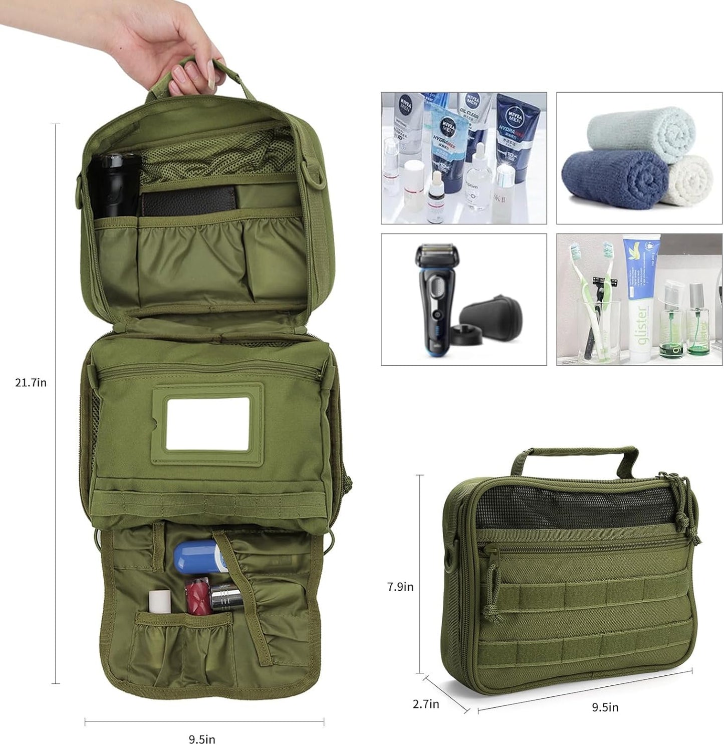 Travel Toiletry Bag for Men, Hanging Toiletry Bag, Portable Organizer Dopp Kit Shaving Bag for Toiletries Tactical Accessories Essentials - Army Green - Roamly