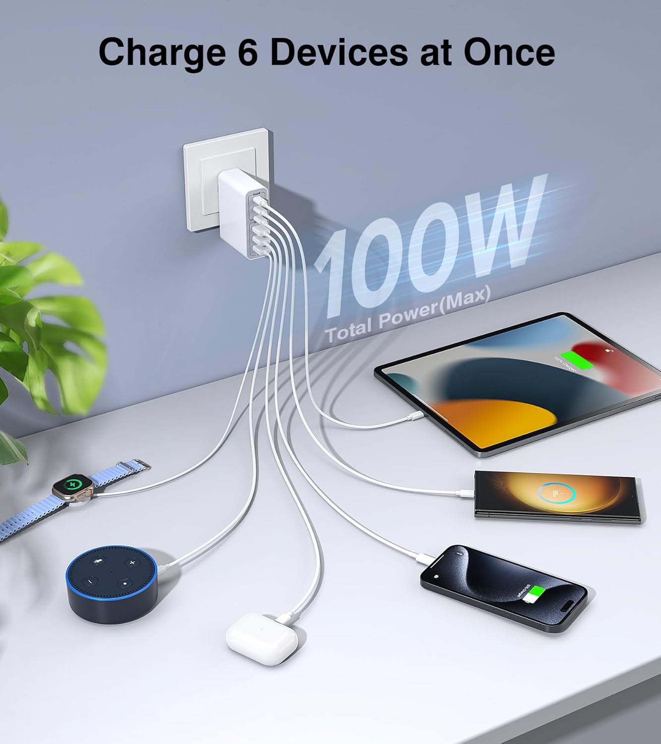 USB C Wall Charger Block,100W GaN 6-Port QC+PD3.0 Charging Station Type C Fast Chargers Plug Brick Portable Cube Hub Multiport Power Adapter for iPhone16/15/14 Pro Galaxy S25 Ultra2 AirPods4 Watch10 - Roamly