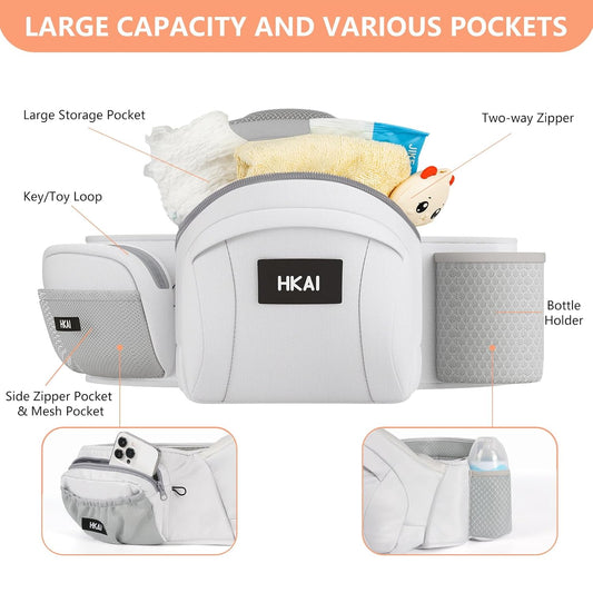 HKAI Baby Hip Carrier, Mom’s Choice Award Winner, Baby Carrier with Adjustable Waistband & Breathable Mesh, Ergonomic Carrier with Non-Slip Hip Seat Surface for Newborns & Toddlers, Light Grey