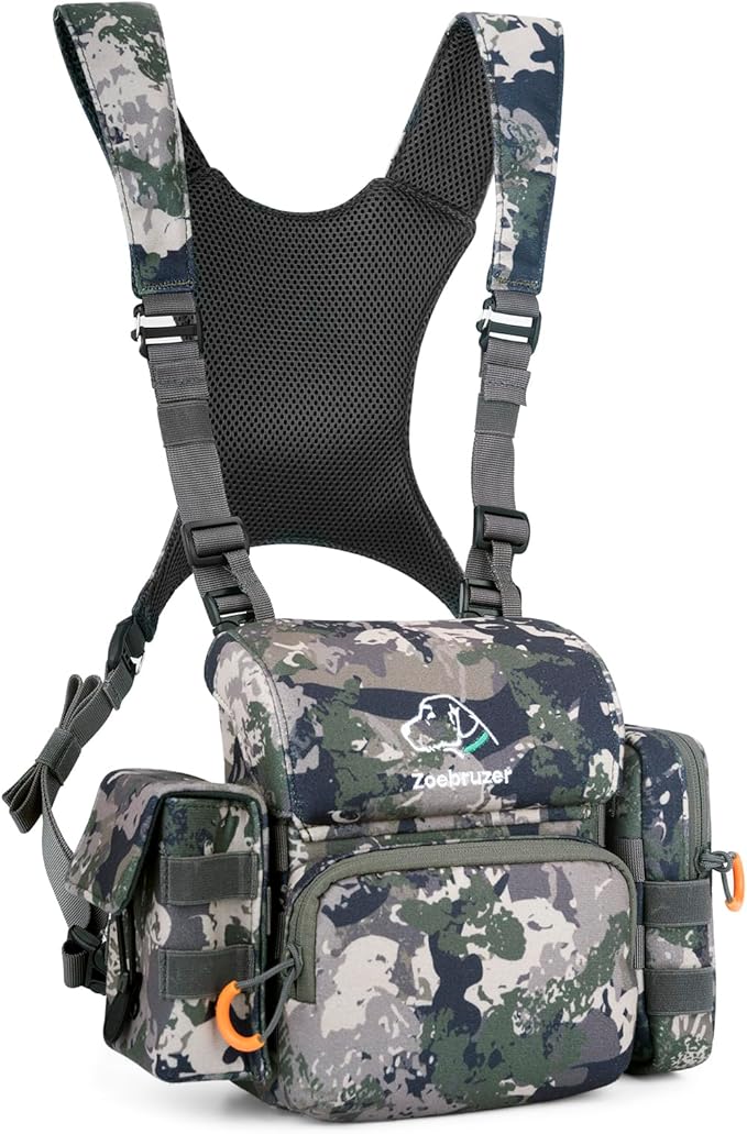 Binocular Harness Chest Pack, Bino Harness Bag with Rangefinder Pouch & Rain Cover, Molle System Multifunction Hunting Pack