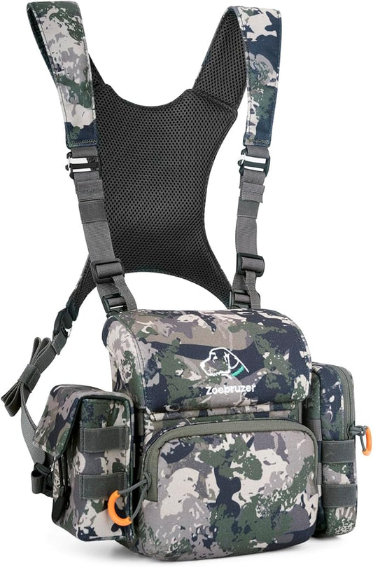Binocular Harness Chest Pack, Bino Harness Bag with Rangefinder Pouch & Rain Cover, Molle System Multifunction Hunting Pack
