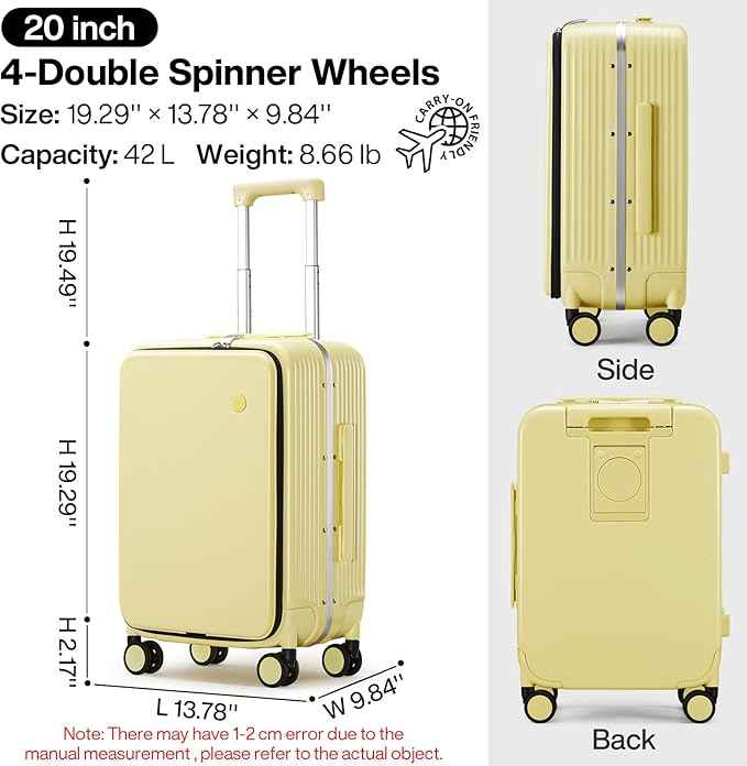 mixi Carry On Luggage with Cup Phone Holder and Charger Hard Shell Suitcases with Spinner Wheels,20 Inch Lark Yellow