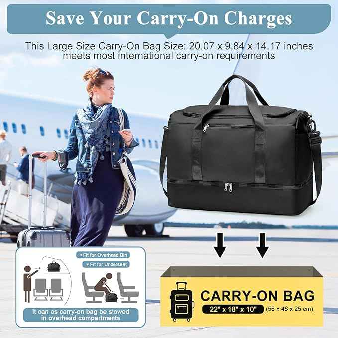 Large Travel Duffle Bag,Carry on Overnight Weekend Bag with Shoes Compartment,Weekender Bags for Women for Travel Business Trips Sport Hospital,Black