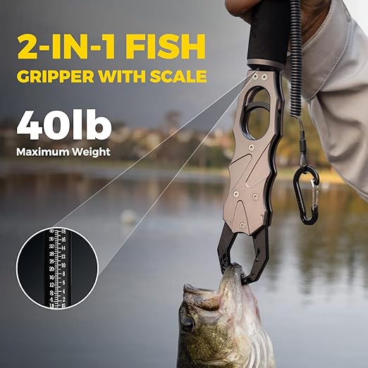 2-in-1 Fish Lip Gripper, One-Finger Operation Aluminum Alloy Fish Gripper with Scale, 40lb Weighing Fish Grabber for Large Fish, 360° Swivel Handle, Corrosion-Resistant for Saltwater & Freshwater