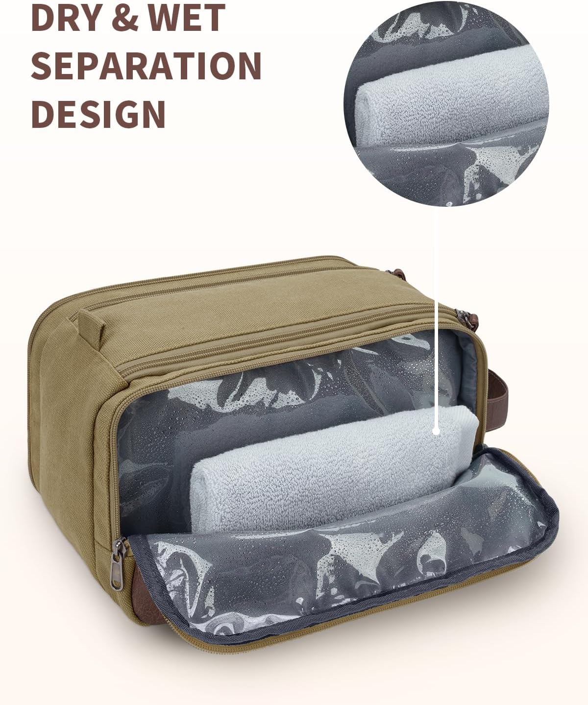 WANDF Toiletry Bag for Men Travel Toiletry Organizer Canvas and Leather Dopp Kit Water-Resistant Shaving Bag for Travel Accessories (Classic Khaki, Large) - Roamly
