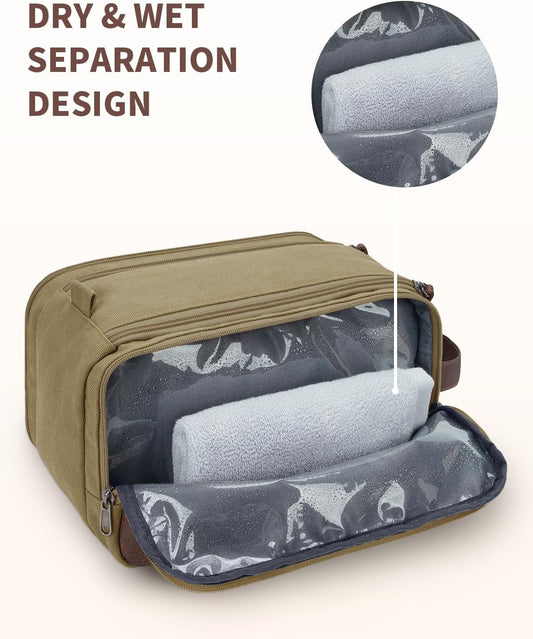 WANDF Toiletry Bag for Men Travel Toiletry Organizer Canvas and Leather Dopp Kit Water-Resistant Shaving Bag for Travel Accessories (Classic Khaki, Large) - Roamly