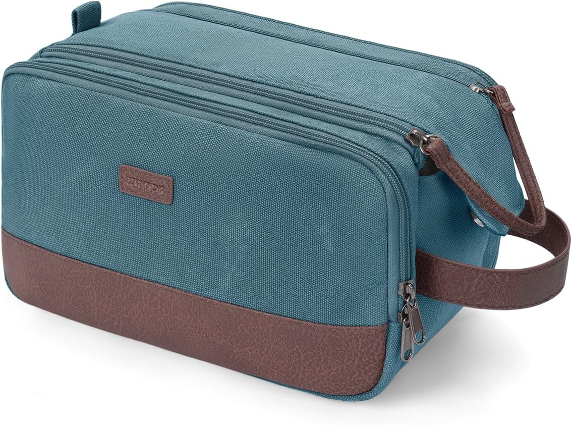 WANDF Toiletry Bag for Men Travel Toiletry Organizer Canvas and Leather Dopp Kit Water-Resistant Shaving Bag for Travel Accessories (Blue-Green, Large) - Roamly