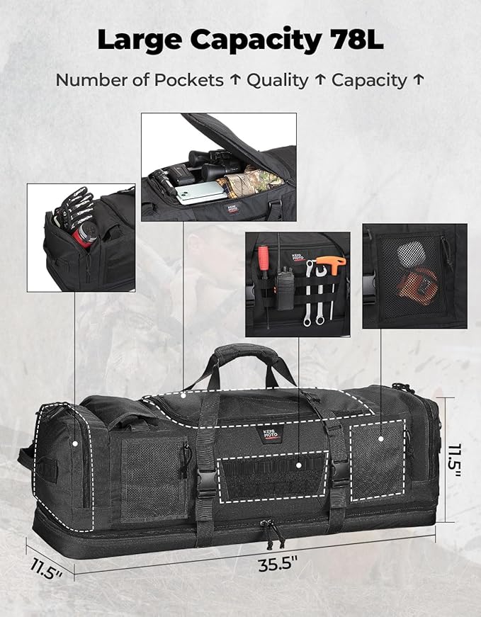 KEMIMOTO Hunting Duffle Bag, 78L large Capacity Travel Gear Bags Tool Range Cases for Long Distance Trips Hiking Hunting Fishing Camping, Multi Pocket Design, Brown Backpackable