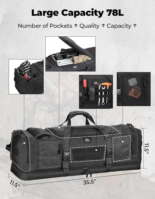 KEMIMOTO Hunting Duffle Bag, 78L large Capacity Travel Gear Bags Tool Range Cases for Long Distance Trips Hiking Hunting Fishing Camping, Multi Pocket Design, Brown Backpackable