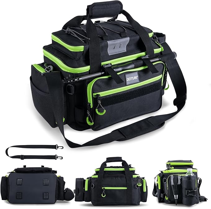 Goture Fishing Tackle Bag, Store Up to 4PCS 3700 Plus 2PCS 3600 Tackle Trays(Not Included), 600D Soft Side Gear Fishing Bag with Rod Straps,Detachable Water Bottle Pouch,Waterproof Bottom,SBS Zippers