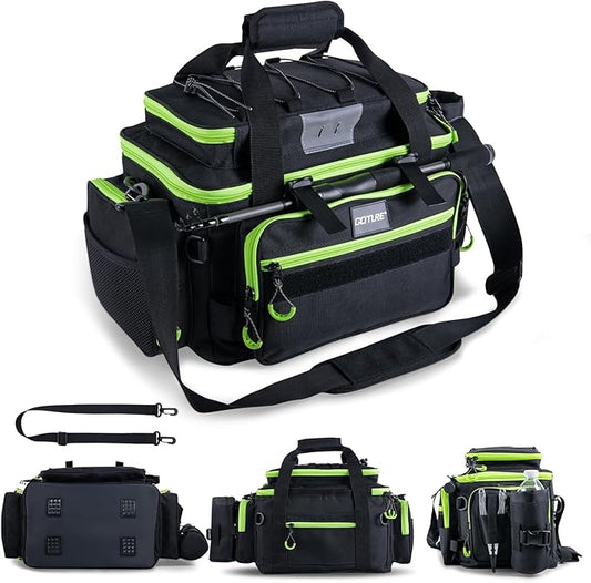 Goture Fishing Tackle Bag, Store Up to 4PCS 3700 Plus 2PCS 3600 Tackle Trays(Not Included), 600D Soft Side Gear Fishing Bag with Rod Straps,Detachable Water Bottle Pouch,Waterproof Bottom,SBS Zippers