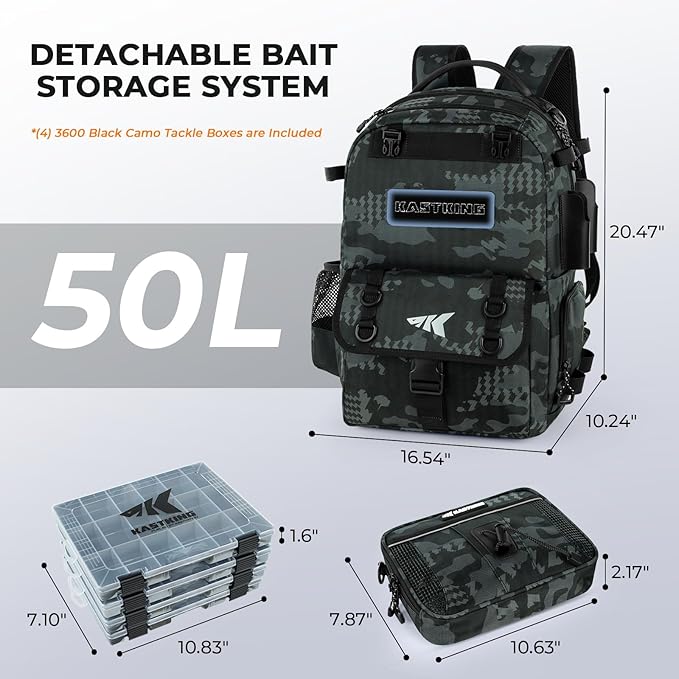 KastKing BaitSpace 50L Fishing Tackle Backpack with Removable Bait Binder,2 Rod Holders Storage Fishing Gear and Equipment