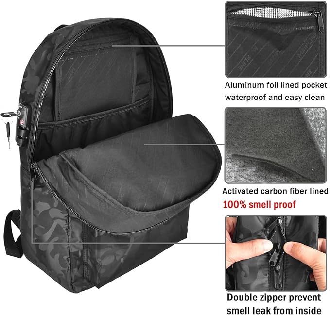 Backpack Bag With Lock - Activated Carbon Fiber Lining - Water Resistant,Anti Theft Laptop Daypack for Men & Women Travel (Camo Burgandy)