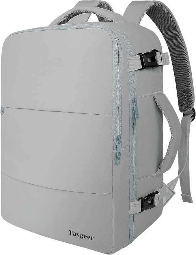 Taygeer Carry On Backpack, Womens Travel Backpack with Water Bottle Pocket & Shoe Pouch, Laptop Mochila 15.6inch Flight Approved, College Teacher Tote Bag for Business Travel Supplies, Grey