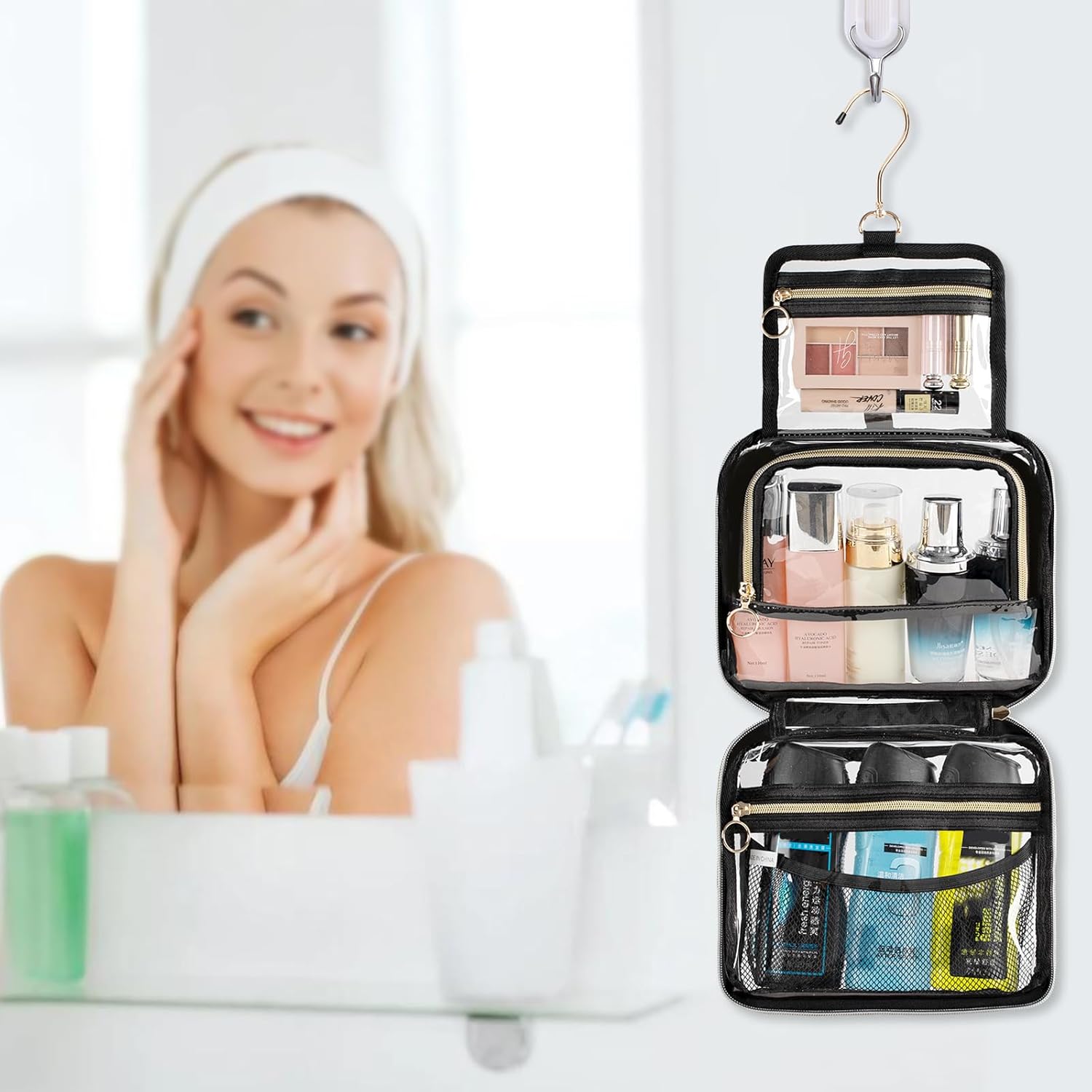 CUBETASTIC Hanging Toiletry Bag, Clear Makeup Bags for Travel Essentials TSA Approved Clear Bag Transparent Cosmetic Organizer Pouch for Women Men Portable Make Up Case with Handle - Roamly