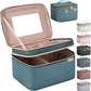 Large Makeup Bag with Mirror Double Layer Travel Make Up Organizer Case, Large Capacity Coemetic with Brush Slot Divider, Travel Toiletry Bag for Women (Lake Blue)
