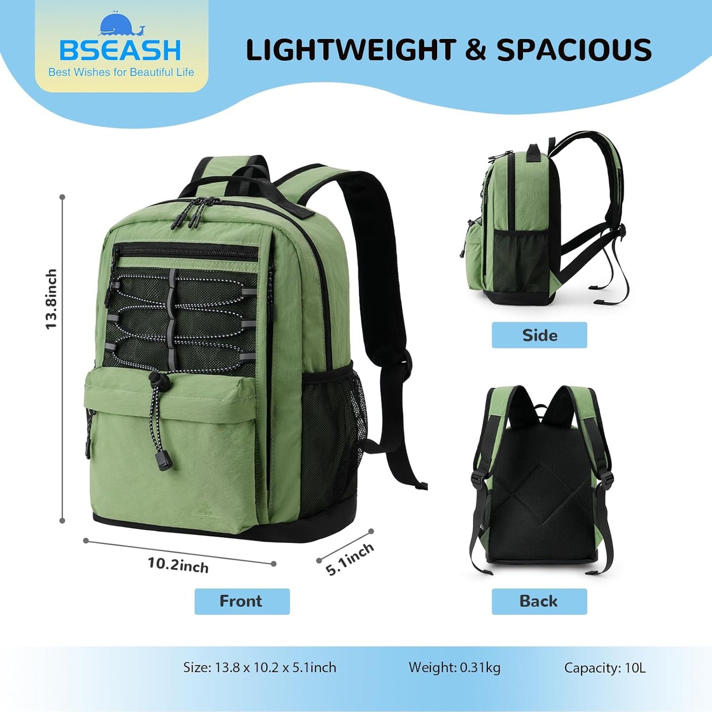 10L Small Size Casual Backpack for Kids Girls Boys Ages 3-9, Mini Waterproof Outdoor Sport Travel Hiking Camping Daypack (Light Purple)