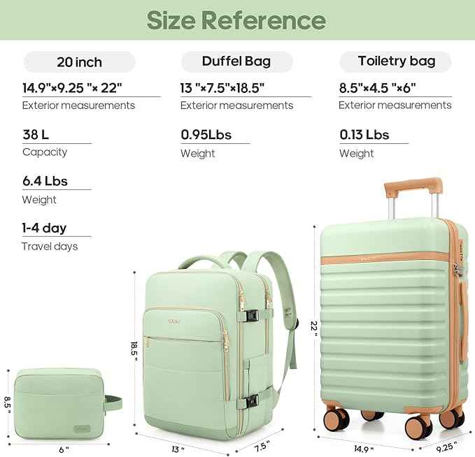 Luggage Sets 3 Piece, Carry On Luggage 20In With Spinner Wheels,PC Hardside Suitcase Set with TSA Lock,Durable Carry On Suitcase With Travel Backpack for Men (Light Green, 3 piece set (BP/20inch))