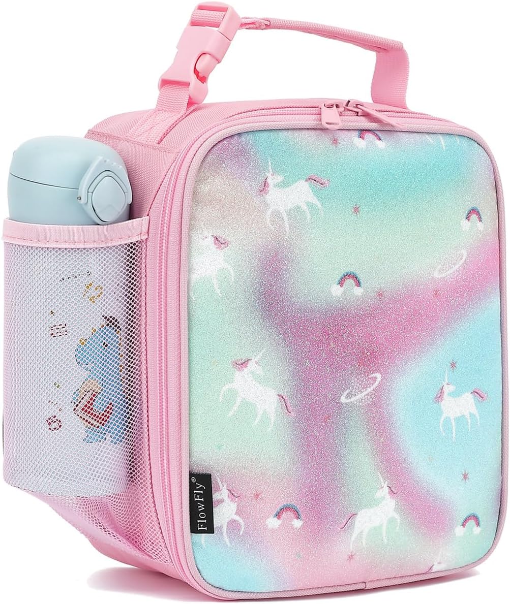 FlowFly Kids Lunch box Insulated Soft Bag Mini Cooler Back to School Thermal Meal Tote Kit for Girls, Boys, Glitter-Unicorn
