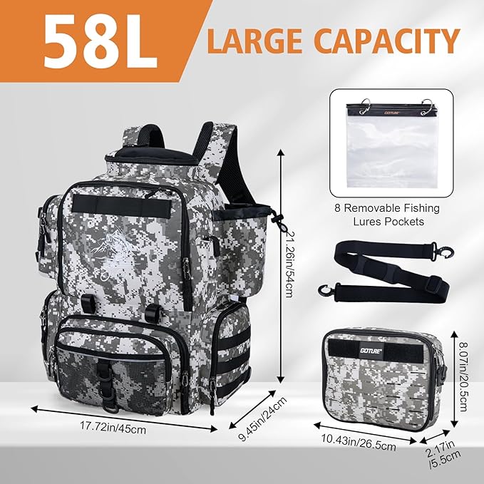 Goture Fishing Backpack, 900D Water-Resistant Tackle Backpack with Rod Holders, 58L Large Storage Gear Fishing Tackle Bag with Detachable Crossbody Bag,8 Lure Pockets,Bottle Holder for Camping Hiking