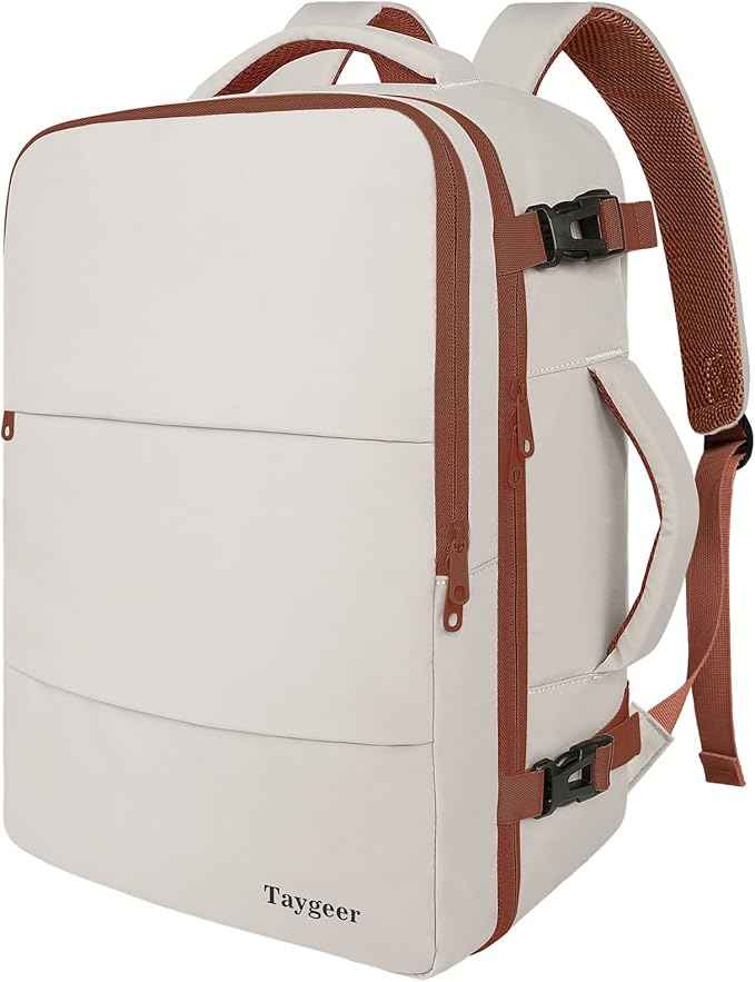Taygeer Backpack for Women, College Backpack with Laptop Compartment & Shoe Pouch, 40l Travel Laptop Mochila Carry On Luggage, Airline Approved Personal Item Bag for Weekender Gym Hiking, Khaki White