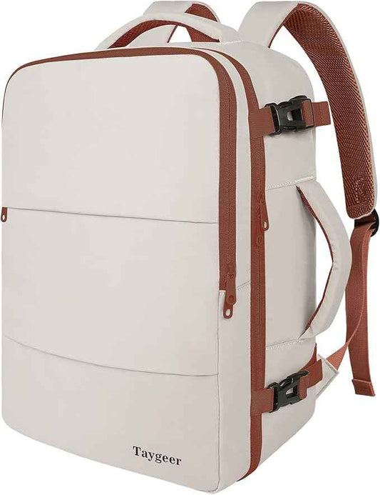 Taygeer Backpack for Women, College Backpack with Laptop Compartment & Shoe Pouch, 40l Travel Laptop Mochila Carry On Luggage, Airline Approved Personal Item Bag for Weekender Gym Hiking, Khaki White
