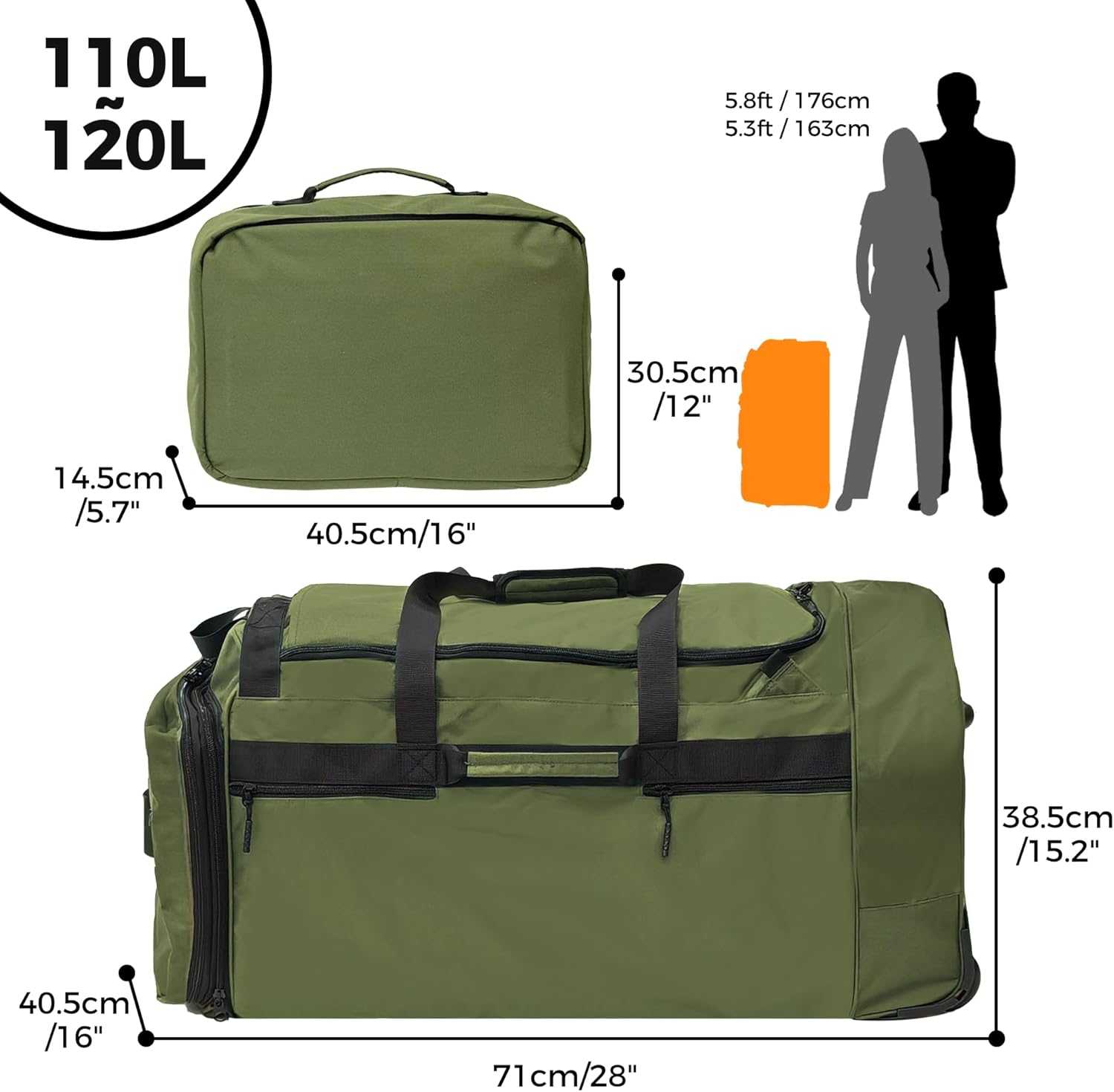 110L/120L Rolling Duffel Bag with Wheels - 28" No-Sag Design for Heavy Loads, Waterproof Travel Duffel w/Shoulder Straps and Dividers, Foldable Lightweight Design for Camping/Cargo/Air Travel - Roamly