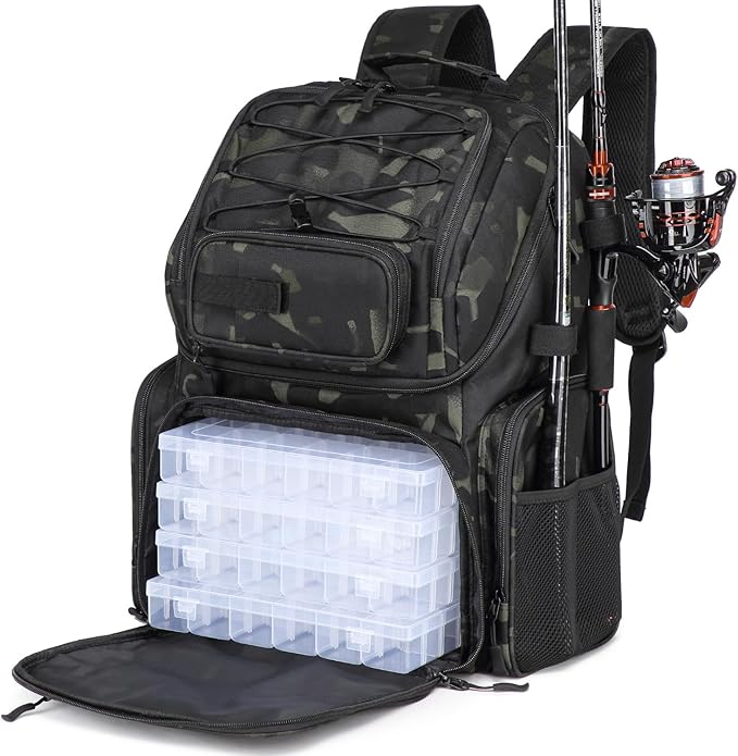 HAMBOLY Fishing Backpack with Tackle Boxes, 50L Fishing Tackle Bag with Cooler & Rod Holders, Waterproof Tackle Bag for Men