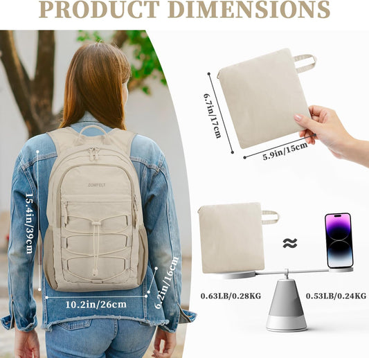 ZOMFELT Hiking Backpack for Women Men, 15L Lightweight Packable Backpack for Trip, Water Resistant Small Travel Backpacks, Foldable daypack for Hiking, Walking, Cycling, Camping, Beige - Roamly
