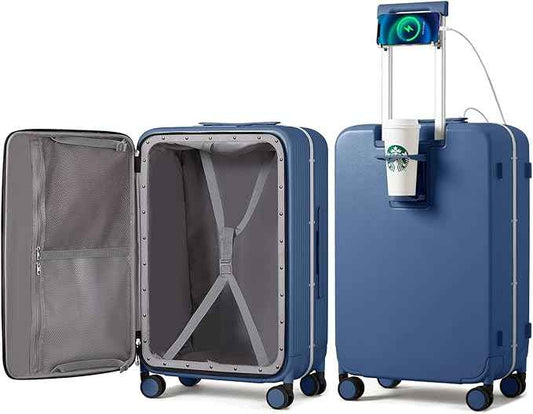 mixi Large Checked Luggage with Cup Phone Holder and Charger Hard Shell Suitcases with Spinner Wheels, 26 Inch Sapphire Blue