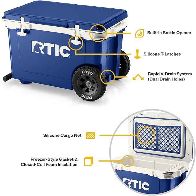 RTIC 52 Quart Ultra-Light Wheeled Hard Cooler Insulated Portable Ice Chest Box for Beach, Drink, Beverage, Camping, Picnic, Fishing, Boat, Barbecue, 30% Lighter Than Rotomolded Coolers