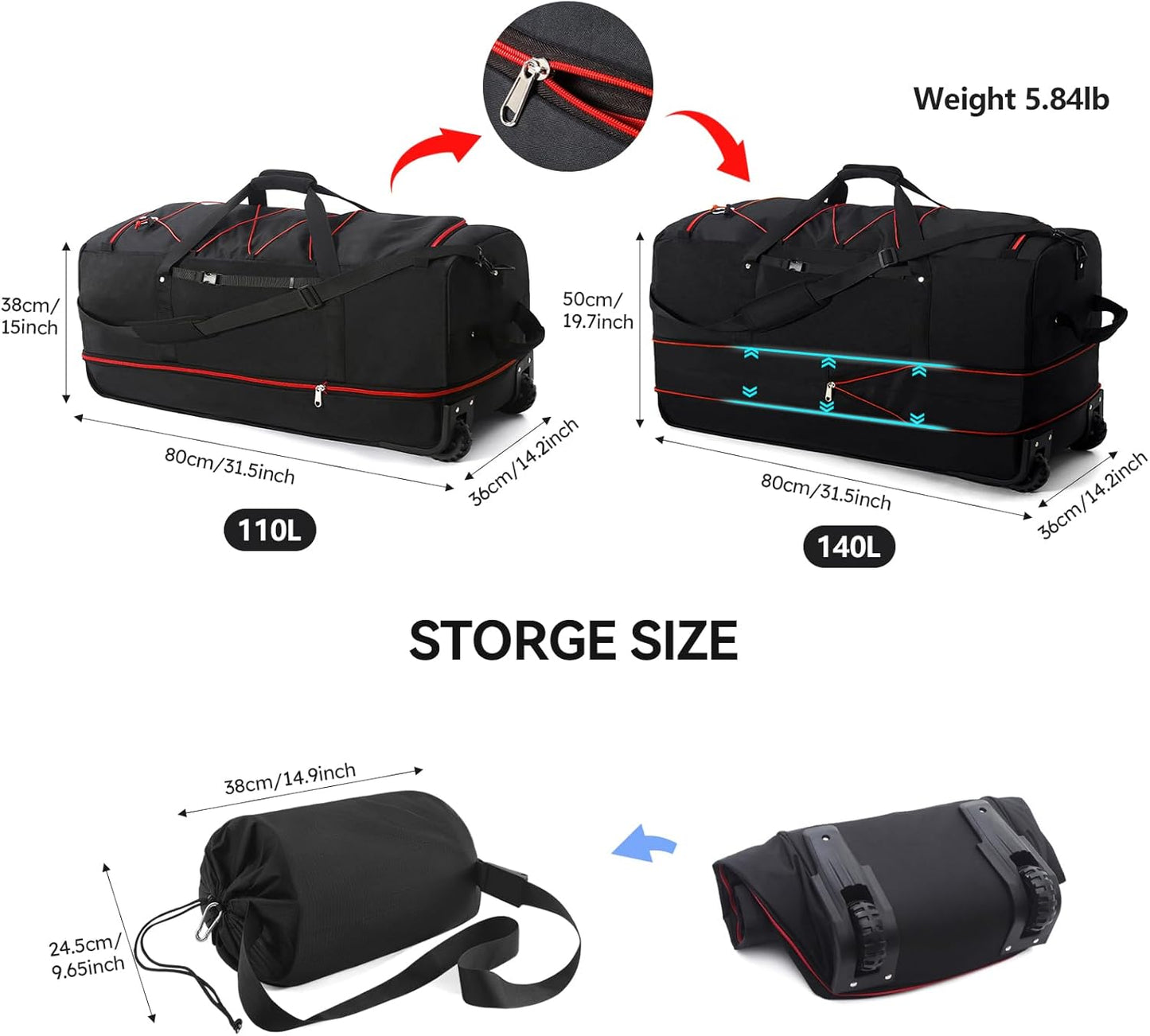 110L/140L Expandable Soft-Sided Foldable Duffle Bag with 2 Rubber Wheels,Packable 32” Rolling Carry-On with Multi-Pockets & Compartments,Black Red - Roamly
