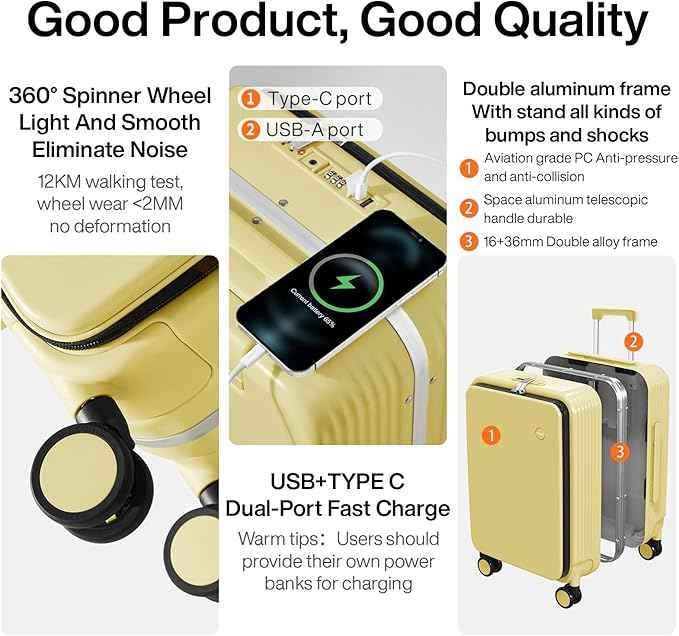 mixi Checked Luggage with Cup Phone Holder and Charger Hard Shell Suitcases with Spinner Wheels, 24 Inch Lark Yellow