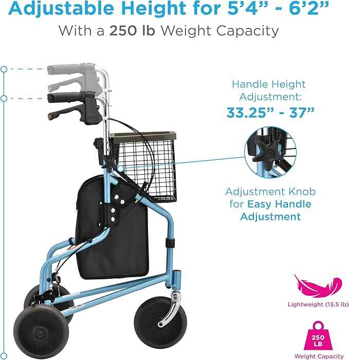NOVA Traveler Folding 3-Wheel Walker with Tray, Basket, Pouch & Cup Holder, Lightweight Mobility Aid for Seniors & Adults, 8” All-Terrain Wheels for Tight Spaces & Travel, Sky Blue