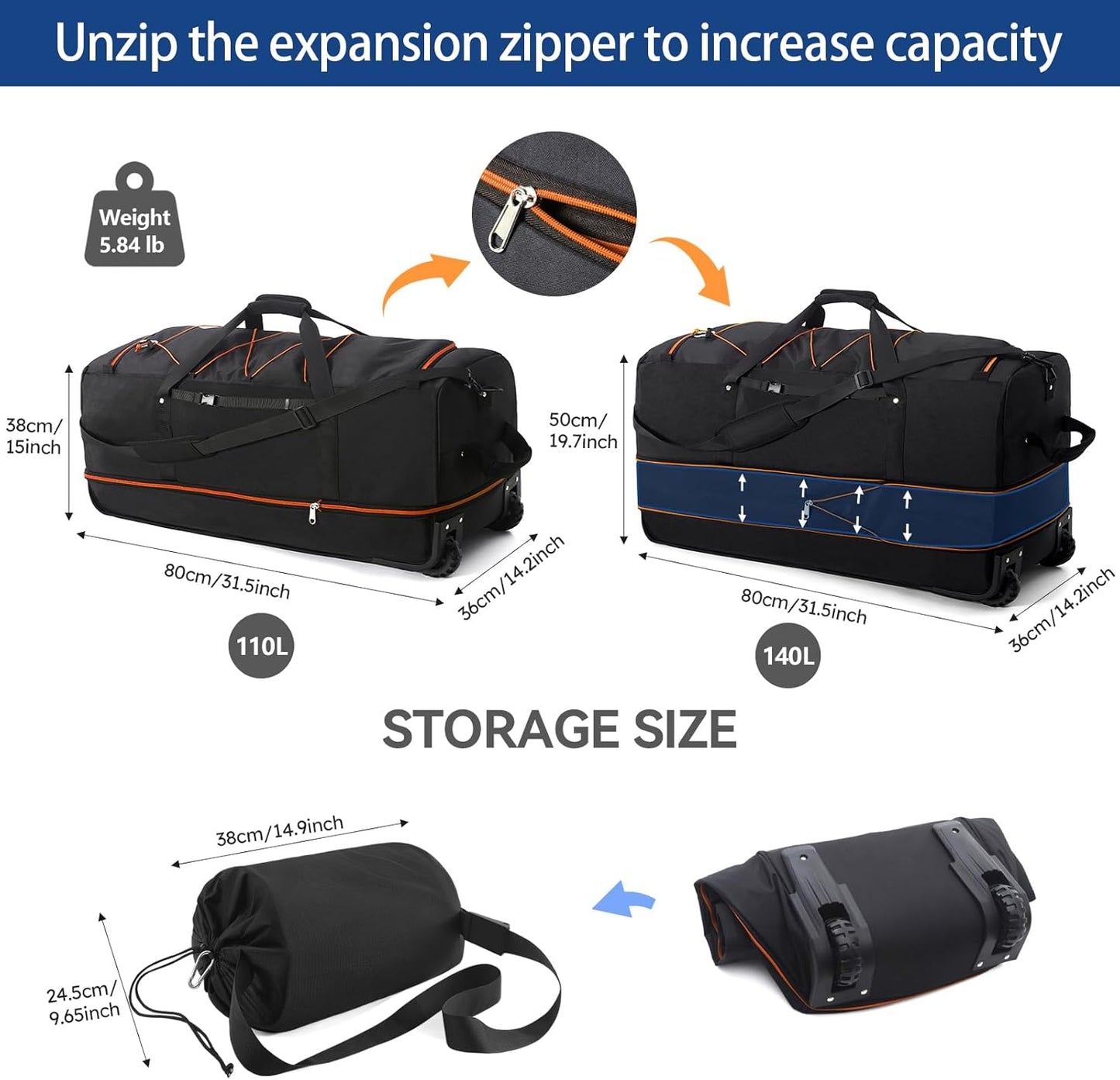 110L Expandable to 140L 32” Foldable Oxford Soft-Sided Rolling Duffle Bag with 2 Heavy-Duty Wheels,3 Large Compartments,Adjustable Shoulder Strap and Attached Organizer Pouch,Black Orange - Roamly