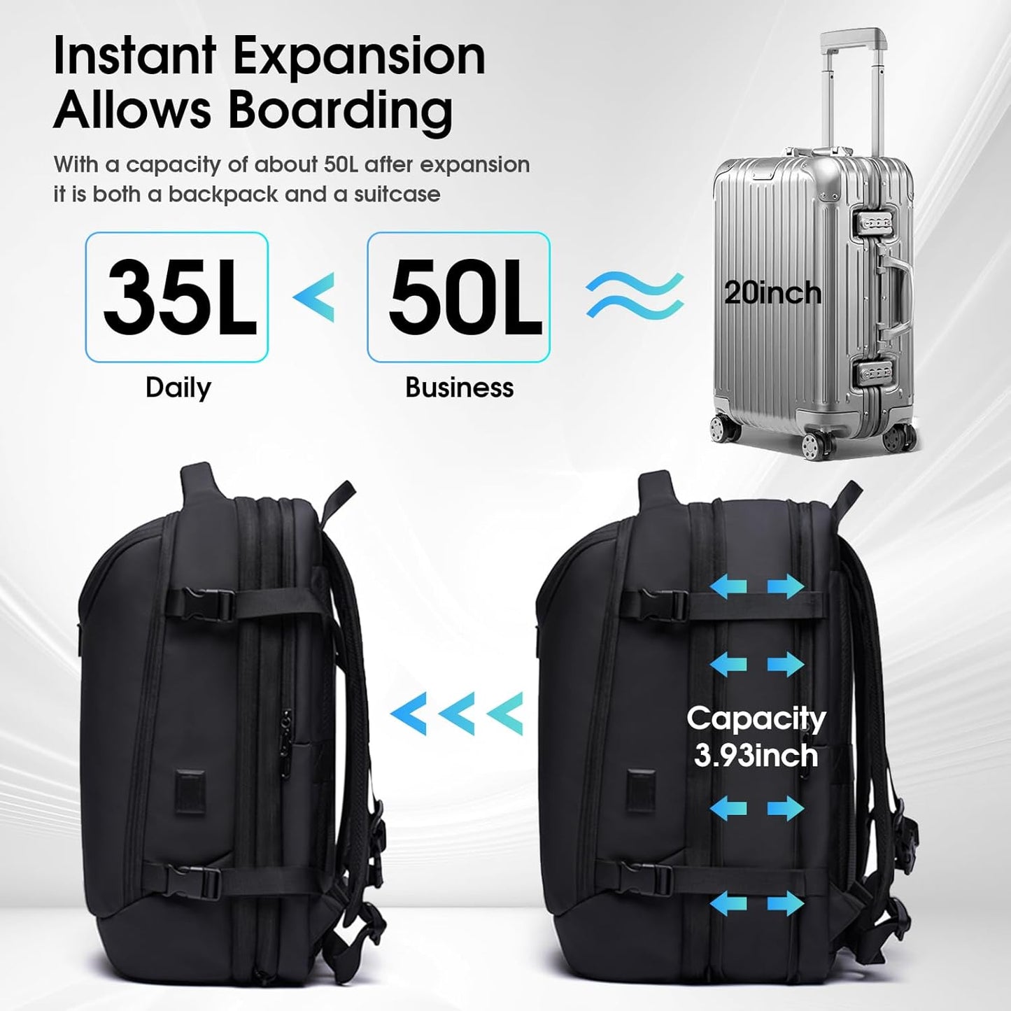 Vacuum Travel Backpack with Pump, 50L Expandable Compression Backpack With Vacuum Seal, 17.3 Inch Water Resistant Business Laptop Backpack with USB Charging Port for Women & Men